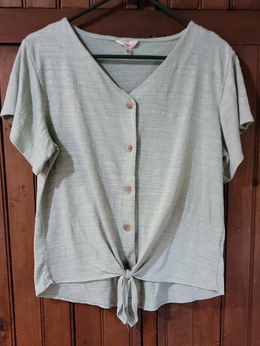 Weatherproof Light Green Button-Front Tie Hem Top - Women Medium